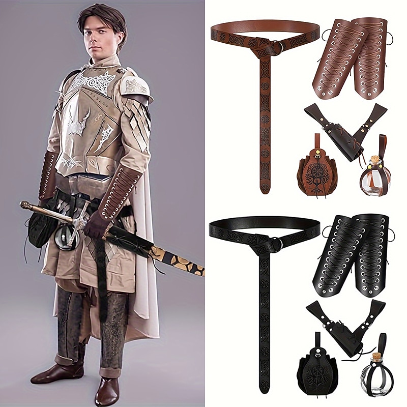 5pcs Medieval Renaissance Belt Set Viking PU Leather Belt & Pouch & Arm Guard & Dagger Cover LARP Halloween Cosplay Costume Props Party Decors Photography Props Stage Performance Accessories