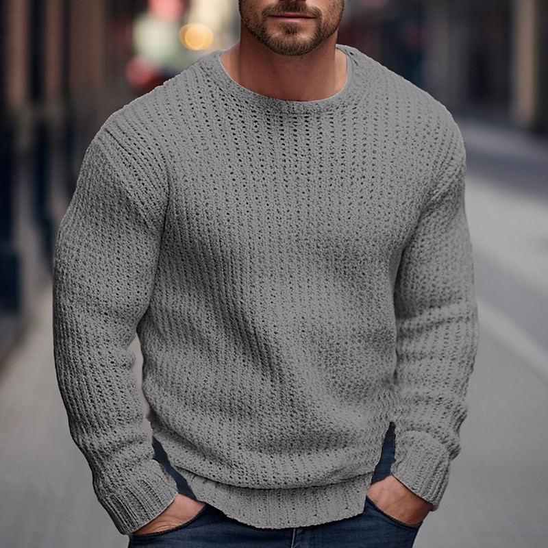Men's Pullover Sweater Jumper Ribbed Crochet Knit Regular Knitted Plain Crew Neck Modern Contemporary Work Daily Wear Clothing Apparel Winter Black Pink S M L3