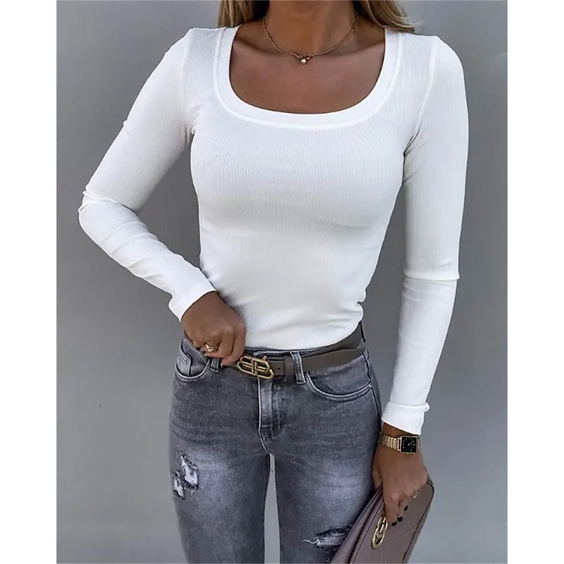 Women's T Shirt Solid Color Plain Basic Long Sleeve U Neck Regular Tops Daily Black White Pink Spring &  Fall4