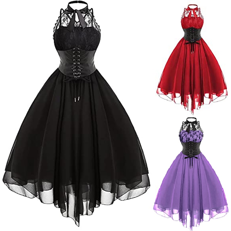 Women's Sleeveless Gothic Dress with Corset Halter Lace Swing Cocktail Dress Tulle Dress Formal Casual Halloween Punk Hippie Dresses