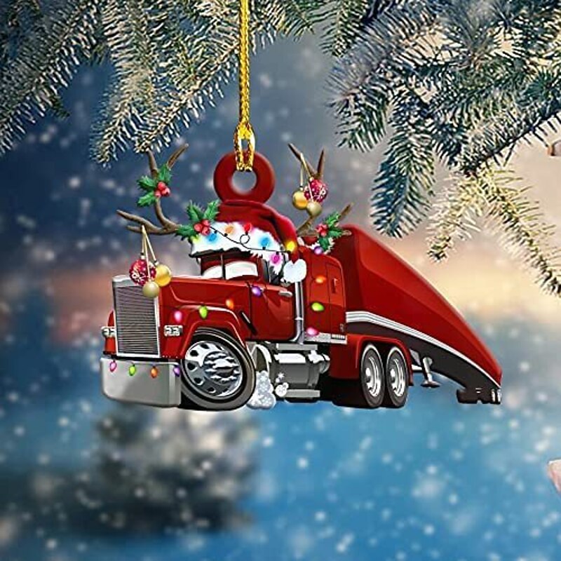 Christmas Tree Hanging Truck 2D Acrylic Decoration Flat Pendant Christmas Excavator Decoration Pendant Vintage Farmhouse Decoration4