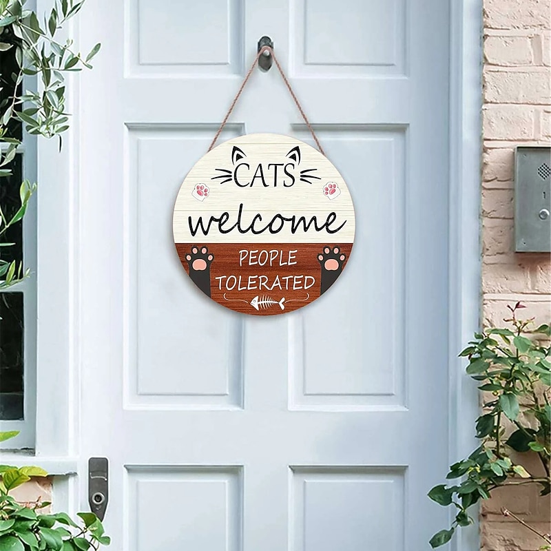 1pc, Cat  Welcome Sign Front Door Decoration,Rustic Round Wood Wall Hanging Outdoor, Fall Winter Seasonal Door Decor, Themed Wedding Birthday Anniversary Party Supp3
