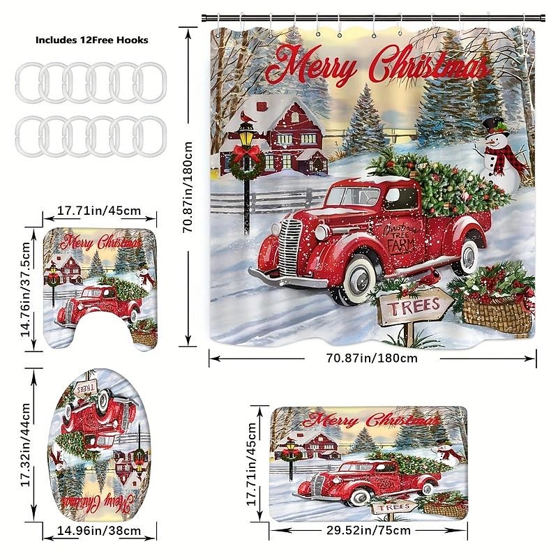 Christmas Car Snowman Pattern Shower Curtain, Shower Curtain With 12 Hooks, Bathroom Rug, Toilet U-Shape Mat, Toilet Lid Cover Pad, Bathroom Decor, Christmas Decorations3
