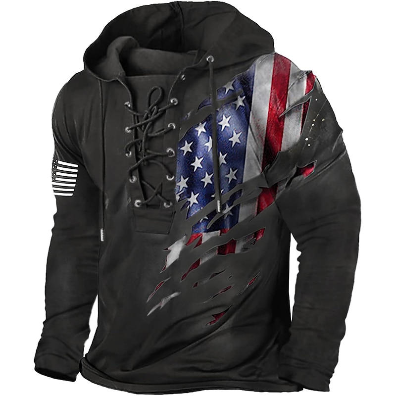 Men's American US Flag Hoodie Hoodies Sweatshirt Fashion Daily Long Sleeve Hooded Vacation Going out Streetwear Black Grey Black Print Spring &  Fall Designer