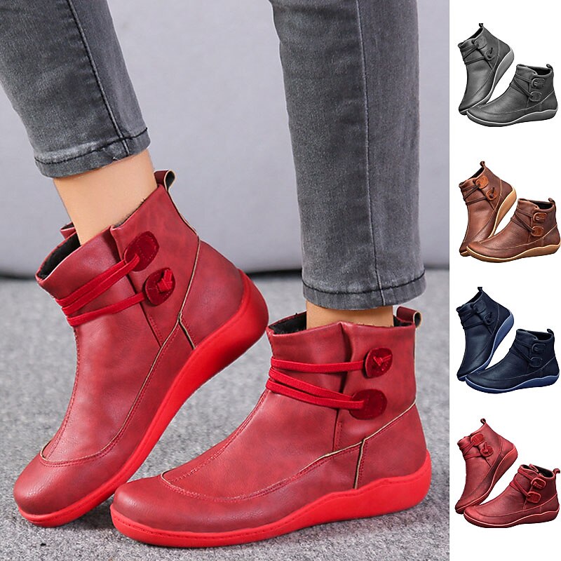 Women's Red Casual Ankle Boots – Soft Faux Leather Warm Lined Flat Booties with Adjustable Strap for Walking, Travel and Winter Outfits