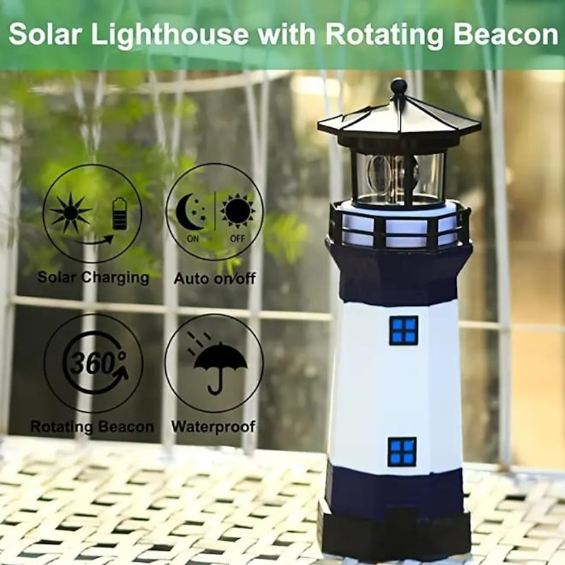 Solar Light Tower, Resin Light Rotating Garden LED Outdoor Smoke Tower Warning Landscape Light Garden Patio Lawn, 360 Degree Rotating Lighthouse Decoration, Lighthouse Gifts4