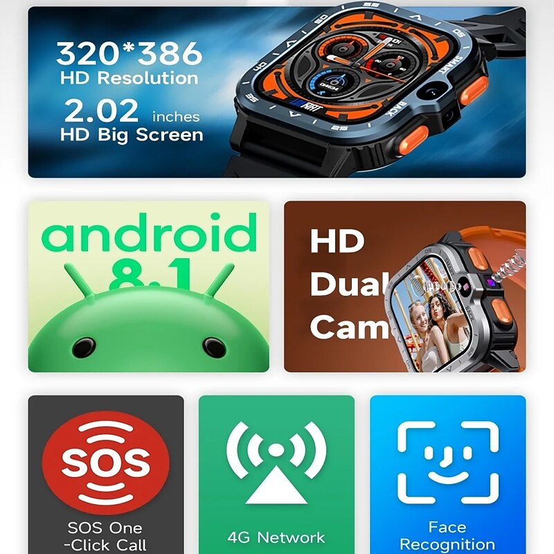 LOKMAT APPLLP 4 MAX Smart Watch 2.02 inch 4G LTE Cellular Smartwatch Phone 3G 4G Bluetooth Pedometer Call Reminder Activity Tracker Compatible with Android iOS Women Men GPS Hands-Free Calls Media2