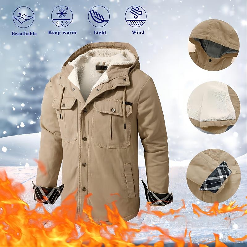 Men's Hoodie Jacket Padded Hiking jacket Hiking Fleece Jacket Winter Outdoor Thermal Warm Fleece Lining Windproof Lightweight Outerwear Windbreaker Parka Ski / Snowboard Fishing Climbing Black khaki2