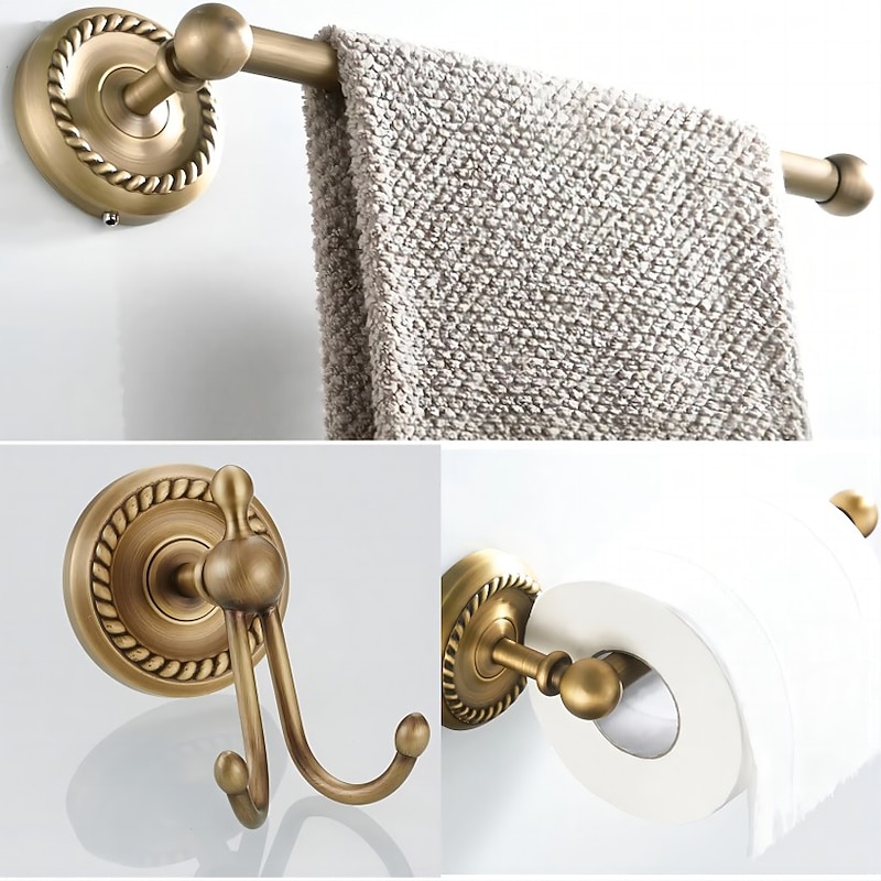Brushed Brass Towel Holder Antique Brass Vintage Wall Mounted Bathroom Accessory Set for Drilling Shower Wall Retro Country House Style Towel Hooks Toilet Paper Holder2