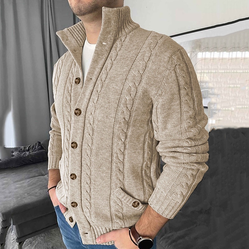 Men's Christmas Sweaters Cardigan Sweater Chunky Cardigan Cable Knit Cropped Button Up Side Pockets Plain Stand Collar Warm Ups Modern Contemporary Casual Daily Wear Clothing Apparel Fall Winter khaki4