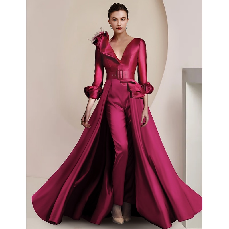 Two Piece Jumpsuit / Pantsuit Mother of the Bride  Formal Wedding Guest Elegant Party V Neck Ankle Length Satin 3/4 Length Sleeve with Feather Sash / Ribbon free custom size
