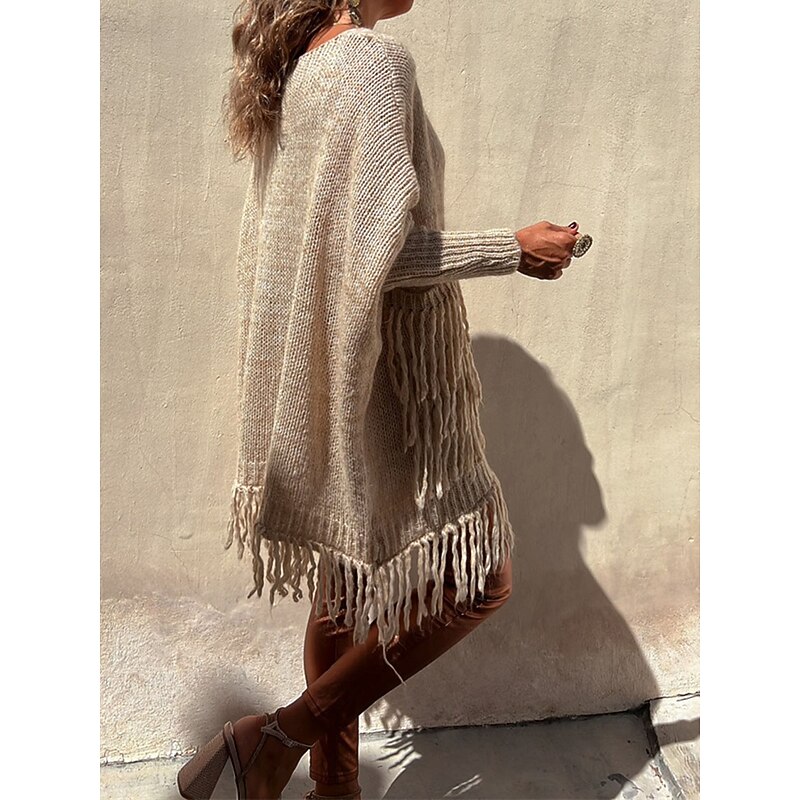 Women's Pullover Sweater Jumper Fashion Streetwear Casual Solid Color Ribbed Crew Neck Pocket Tassel Knitted Long Sleeve Long Tops Knit Outdoor Daily Going out Camel Green Fall Winter2