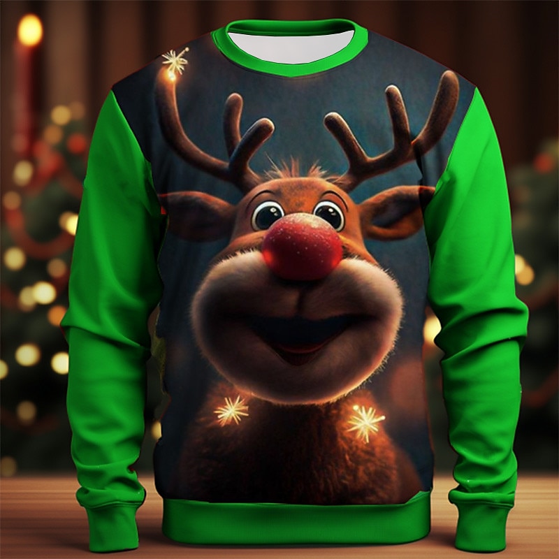 Men's Graphic Elk Moose Christmas Sweatshirts Sweatshirt Golf Pullover Sweatshirt Long Sleeve Sweatshirt Crew Neck Fashion Daily Casual 3D Print Vacation Holiday Going out Print Spring &  Fall3