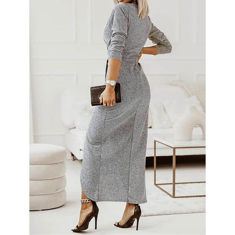 Women's Black Dress Party Dress Wedding Guest Dress Ruched Split V Neck Long Sleeve Formal Winter Dress Silver Black Spring Fall2