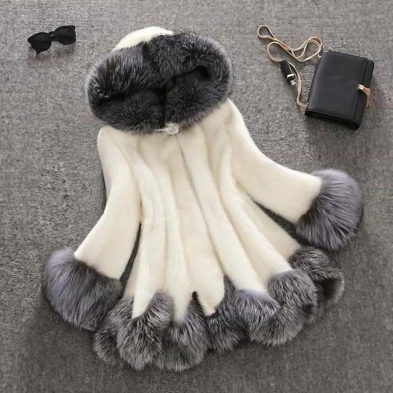 Women's Faux Fur Coat Sherpa Jacket Long Coat White Black Active Wedding Fall Hoodie Regular Fit S M L XL XXL 3XL / Long Sleeve / Daily / Warm / Color Block