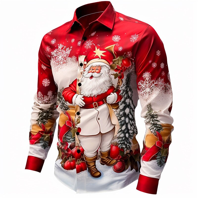 Christmas Men's Funny Christmas Printed Shirts Santa Claus Tree Bell Casual Daily Wear Going out Fall & Winter Turndown Long Sleeve Dark Red, White, Red S, M, L 4-Way Stretch Fabric Shirt3