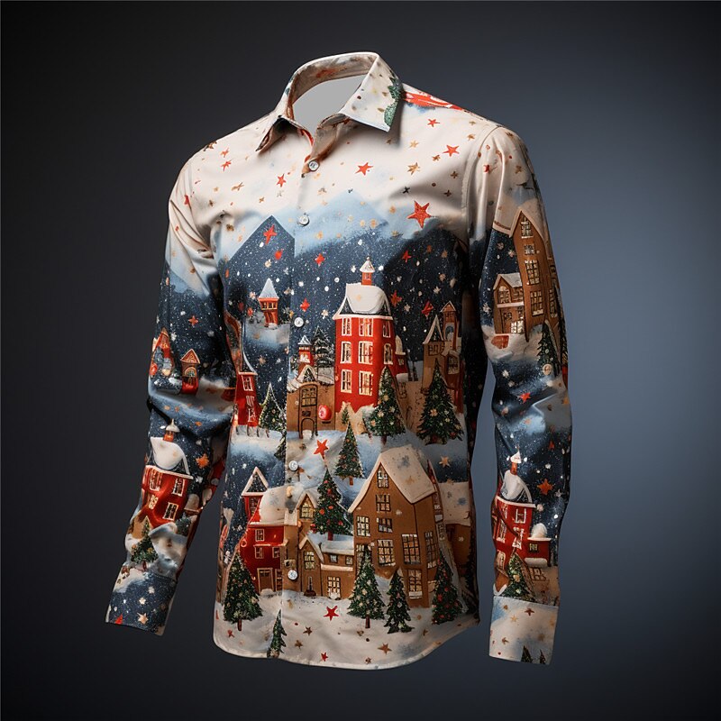 Christmas Men's Christmas Scene Printed Shirts Santa Claus Casual Daily Wear Going out Fall & Winter Turndown Long Sleeve Red, Burgundy, Blue S, M, L 4-Way Stretch Fabric Shirt3