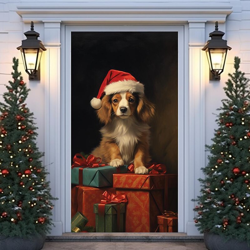 Christmas Door Decorations Dog Animals Gift Door Covers Door Tapestry Door Curtain Decoration Xmas Backdrop Door Banner for Front Door Holiday Party Decor Supplies