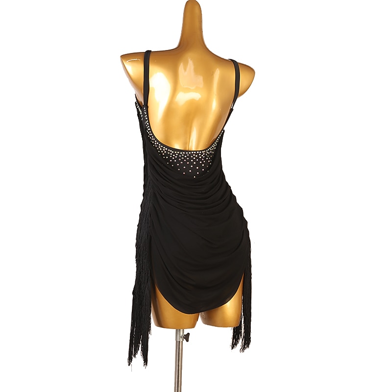 Dance Salsa Latin Dance Dress Tassel Pure Color Splicing Women's Performance Party Sleeveless Chinlon Mesh Spandex2