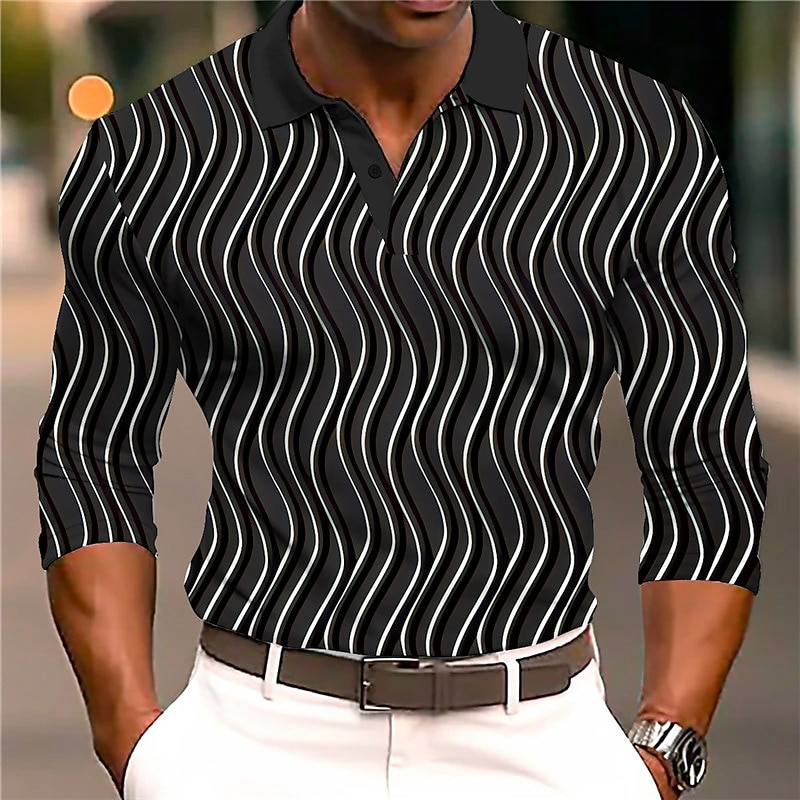 Men's Geometric Polo Shirts Golf Shirt Long Sleeve Polo Shirts Collared Shirts Business Casual WorkWear Formal Wear Festival Wear 3D Print Buttons Fall & Winter Black White2