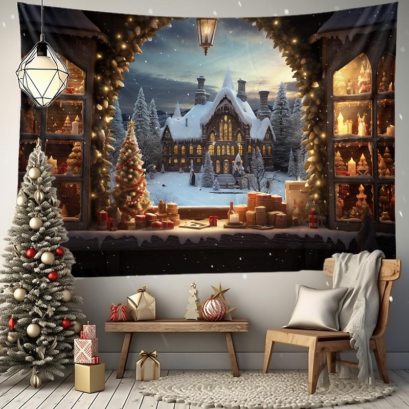 Christmas Decorations Snow White Winter Wonderland Hanging Tapestry Castle Wall Art Xmas Large Tapestry Mural Decor Photograph Backdrop Blanket Curtain Home Bedroom Living Room Decoration Window View3