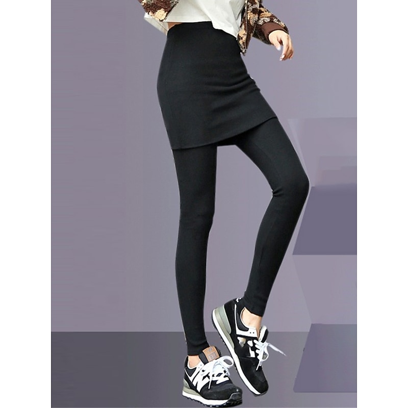 Women's Leggings Cozy Leggings Fashion Streetwear Full Length High Waist Plain 2 in 1 High Cut Thermal Warm Soft Comfortable Micro-elastic Outdoor Street Daily Light Gray Dark-Gray Black Fall Winter3