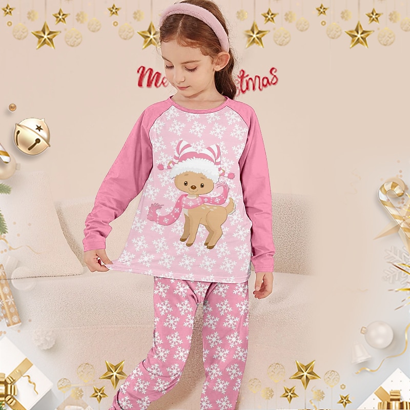 Girls' 3D Santa Claus Pajama Set Long Sleeve 3D Print Fall Winter Active Fashion Cute Polyester Kids 3-12 Years Crew Neck Home Causal Indoor Regular Fit3