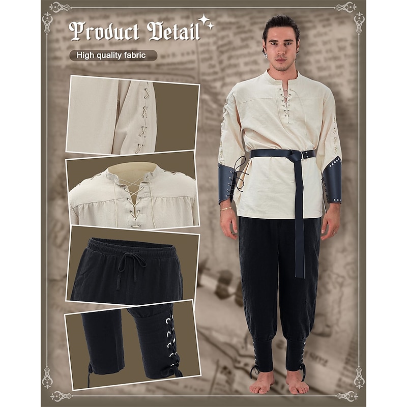 Retro Vintage Medieval Renaissance Pants Outfits Waist Belt Pirate Viking Ranger Fancy Dress Men's Viking Fantasy Halloween Carnival Masquerade Carnival Performance Masquerade Adults' Shirt Pants Belt2