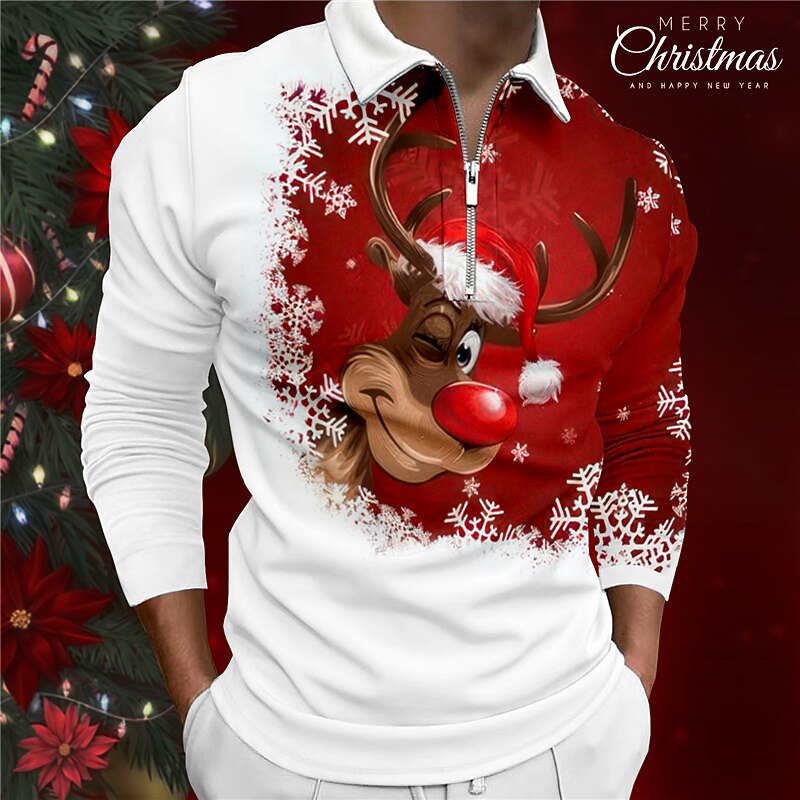 Christmas Men's Christmas animal 3D Zipper Polo Elk Casual Print 3D Zip Golf Outdoor Casual Daily Streetwear Polyester Long Sleeve Turndown Zip Shirts Wine Fall & Winter S M L Lapel Polo2