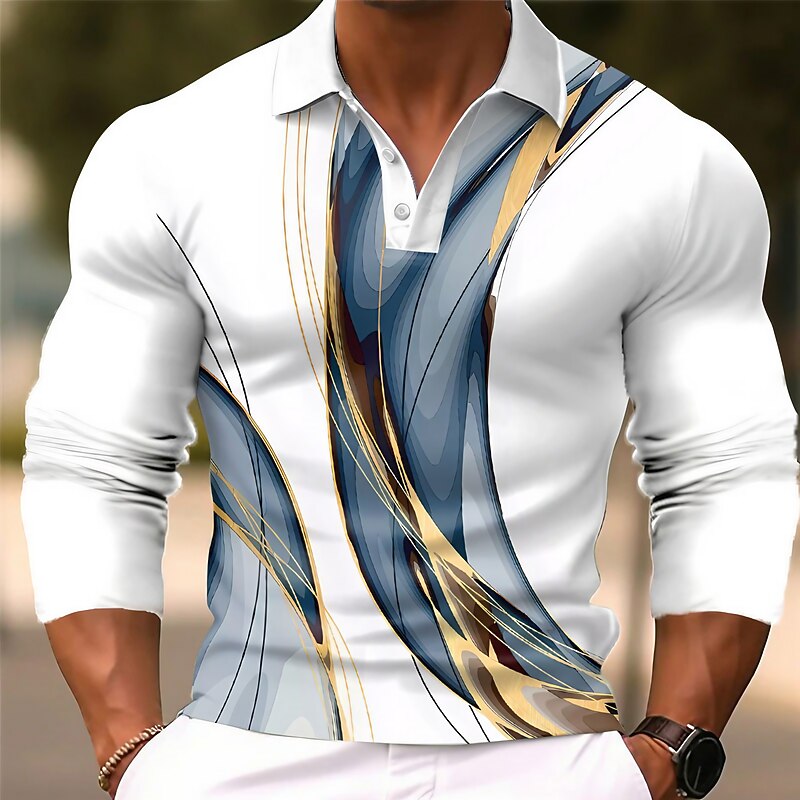 Men's Geometric Polo Shirts Golf Shirt Long Sleeve Polo Shirts Collared Shirts Business Casual WorkWear Formal Wear Festival Wear 3D Print Buttons Fall & Winter Blue Purple Brown - Main Image