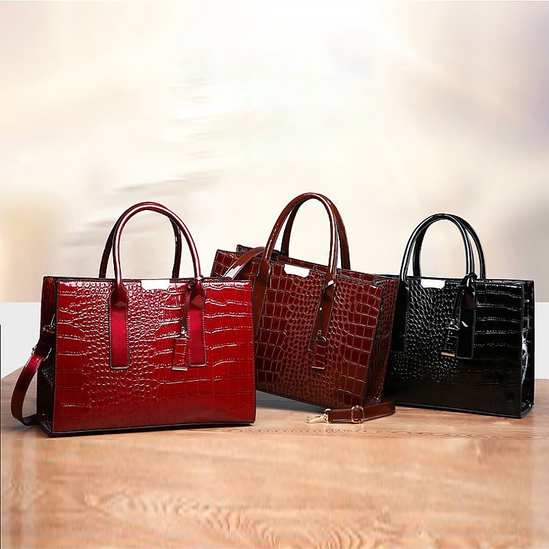 Women's Black Patent Leather Crocodile Pattern Handbag with Shoulder Strap - Elegant Office Tote Bag for Formal Occasions4