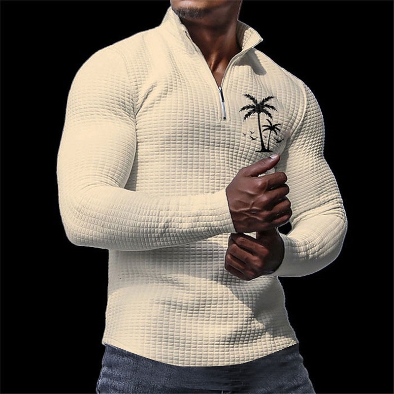 Men's Waffle Polo Shirts Golf Polos Shirts Long Sleeve Polo Shirts Zip Casual Casual Daily Fall & Winter Black White Apricot