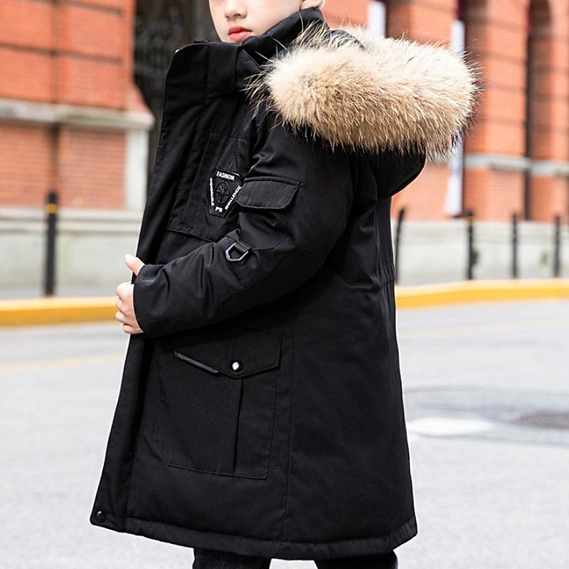 Kids Boys' Down Coat Puffer Jacket Outerwear Kids Puffer Jacket Solid Color Long Sleeve Pocket Buttons Coat Outdoor Cool Daily Black Winter 7-13 Years2
