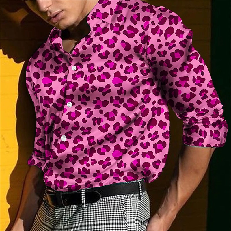 Men's Leopard Print Shirt Long Sleeve Casual Daily Wear Going out Weekend Fall & Winter Turndown Print Button-Down Yellow Pink Rose Red3