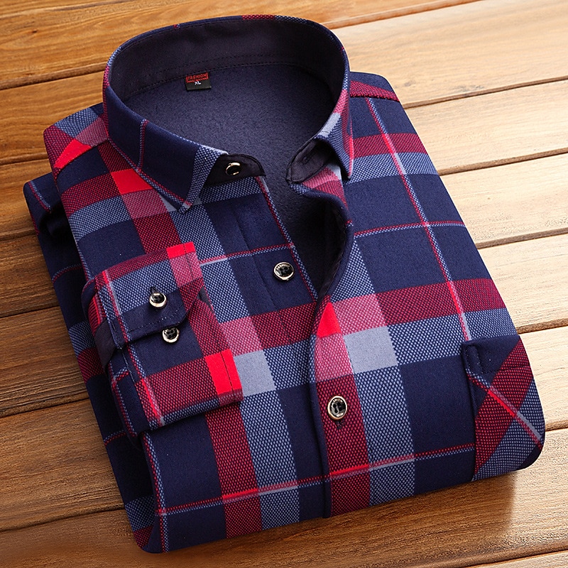 Men's Dress Shirt Plaid Shirt Collared Shirt Fleece Shirt Button Up Shirt Overshirt Plaid / Check Wedding Party A B C D Long Sleeve Square Neck Winter Clothing Apparel Warm