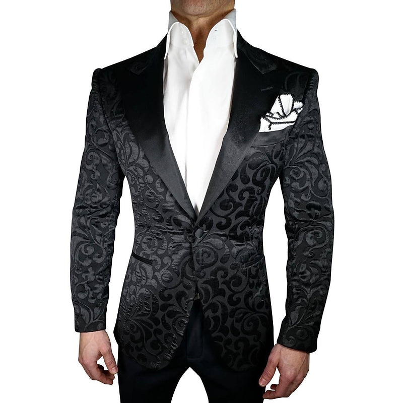 Men's Wedding Party Tuxedos Party Black Floral Tailored Fit 3 Piece Single Breasted One-button2