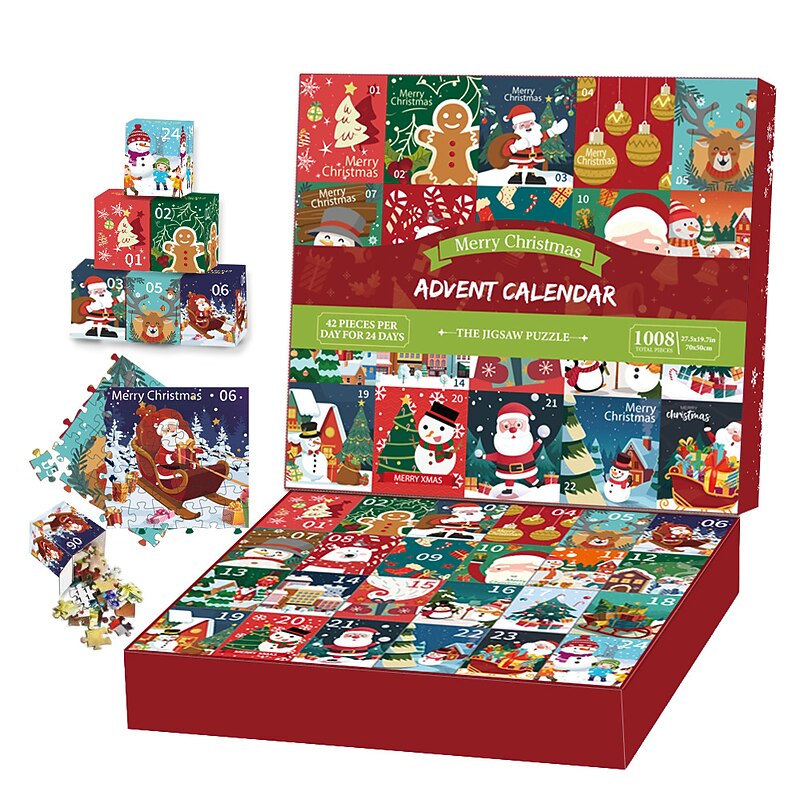 24 Days of Advent Calendar24 Grid Christmas Puzzle Blind Box Countdown Calendar Box 1008 Pieces Of Paper Decompression Toys For Export Only for Christmas Gifts