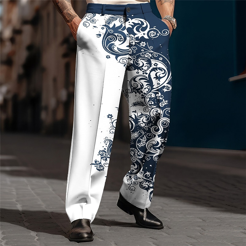 Floral Vintage Business Men's 3D Print Pants Trousers Outdoor Street Wear to work Polyester Wine Black Navy Blue S M L High Elasticity Pants2