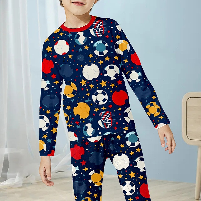 Boys 3D Santa Claus Football Christmas Pajamas Christmas Sets Pajama Sets Long Sleeve 3D Print Fall Winter Active Cool Daily Kids 3-12 Years Crew Neck Home Causal Indoor Regular Fit4
