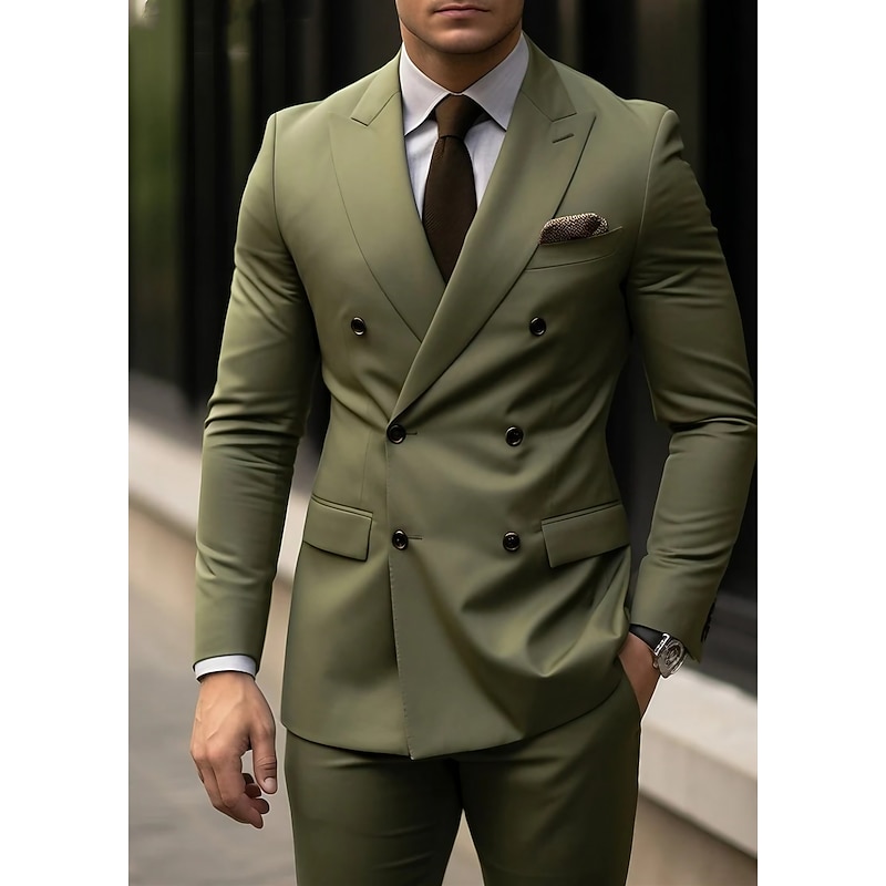 Men's Wedding Suits Peak Light Grey Dark Blue Business Formal Solid Colored Tailored Fit 2 Piece Double Breasted Six-buttons4