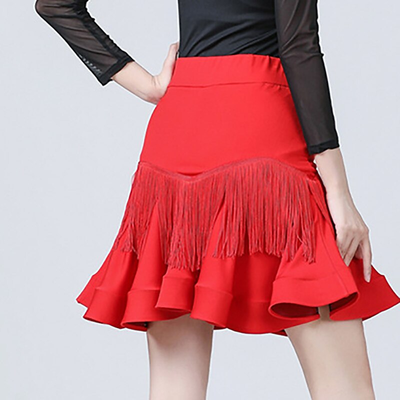 Latin Dance Skirts Pleats Tassel Pure Color Women's Performance Training High Spandex3
