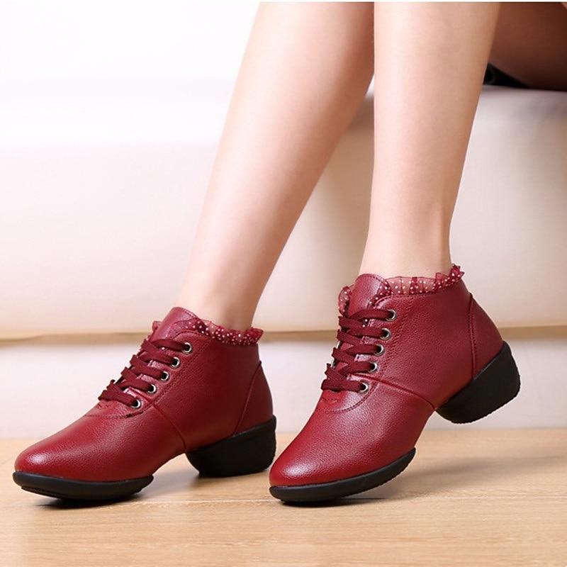 Women's Latin Shoes Dance Shoes Practice Square Dance Plus Size Fashion Lace Flat Heel Round Toe Lace-up Black White Red2