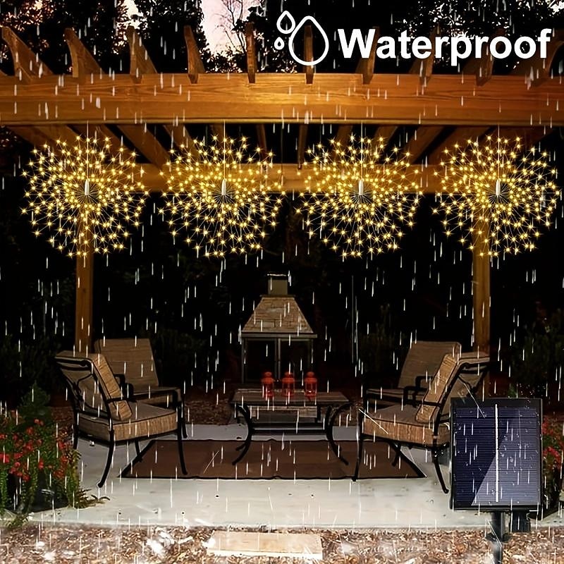 4 Pack Solar Hanging Firework Lights, 480 LED Starburst Lights with Timer, Remote, 8 Modes, Waterproof Copper Wire for Patio, Umbrella & Christmas Decor2