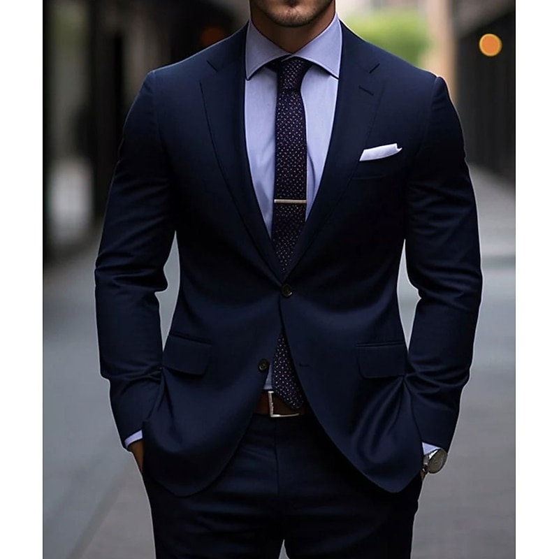 Men's Wedding Suits Notch Black Navy Blue Business WorkWear Solid Colored Slim Fit 2 Piece Single Breasted Two-buttons