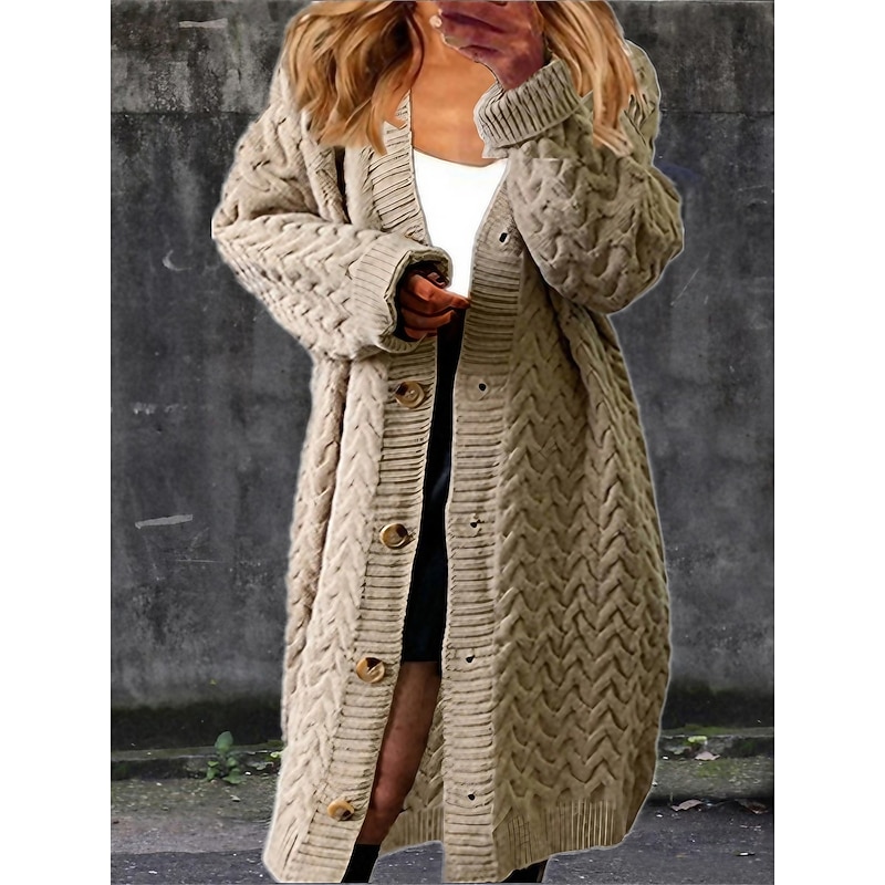 Women's Cardigan Fashion Casual Soft Solid Color Cable V Neck Buttons Knitted Long Sleeve Long Tops Knit Outdoor Daily Going out Black Yellow Fall Winter