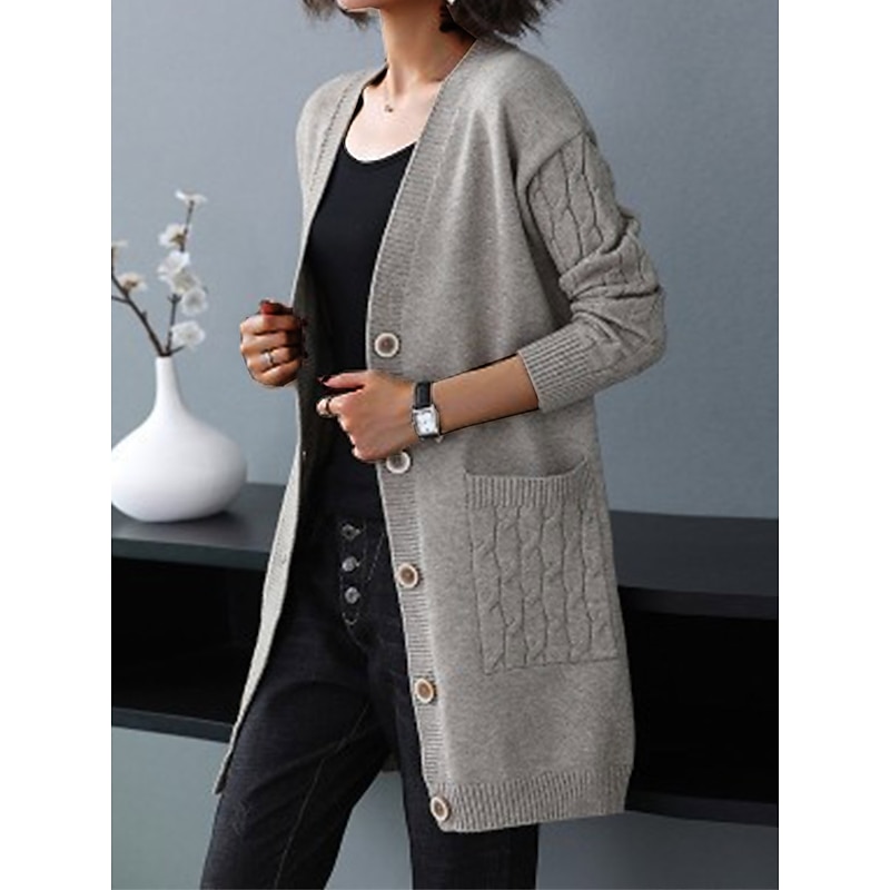 Women's Cardigan Sweater Stylish Casual Soft Solid Color Cable V Neck Buttons Pocket Long Sleeve Long Tops Knit Outdoor Daily Going out Black Red Fall Winter3
