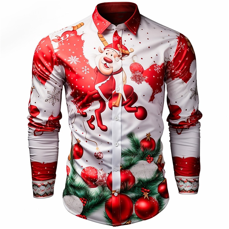 Christmas Men's Funny Christmas Printed Shirts Santa Claus Tree Bell Casual Daily Wear Going out Fall & Winter Turndown Long Sleeve Dark Red, White, Red S, M, L 4-Way Stretch Fabric Shirt4