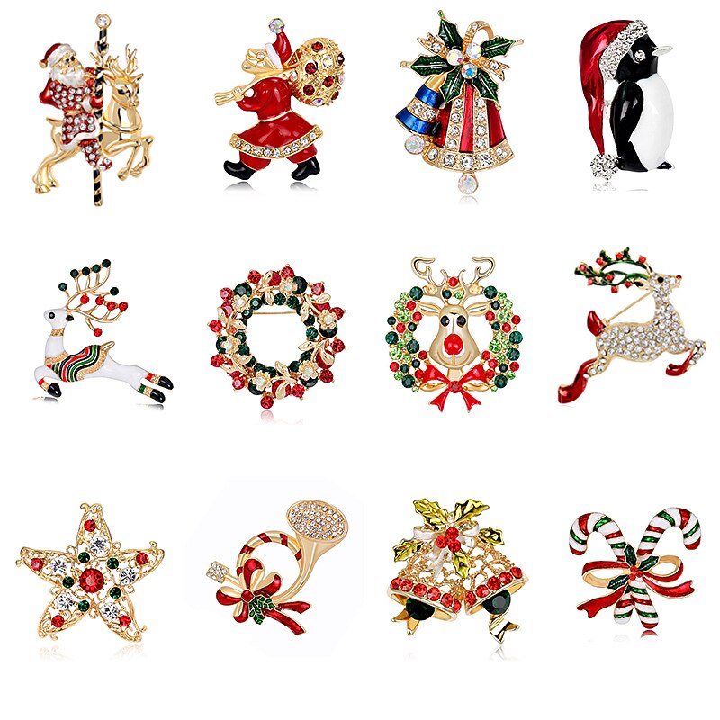 Christmas Brooch Series Creative Fashion Diamond Inlaid Santa Claus Brooch Alloy Bell Brooch for Christmas Gifts