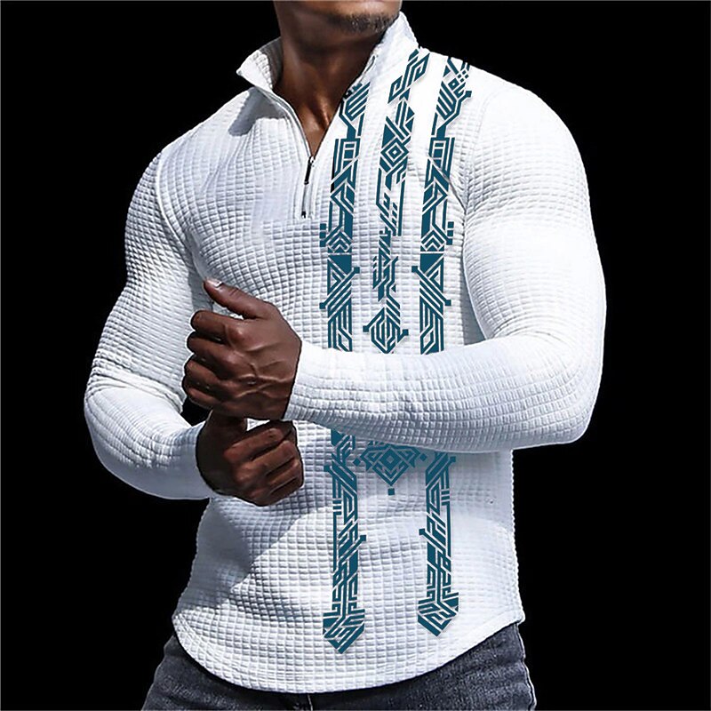 Men's Geometry Waffle Polo Shirts Zip Polo Golf Polos Shirts Long Sleeve Polo Shirts Zip Casual Daily 3D Print Fall & Winter Light Yellow Black Yellow4