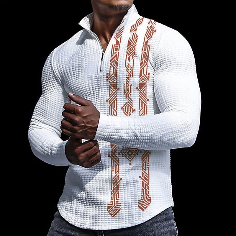 Men's Geometry Waffle Polo Shirts Zip Polo Golf Polos Shirts Long Sleeve Polo Shirts Zip Casual Daily 3D Print Fall & Winter Light Yellow Black Yellow3